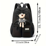 Casual backpack with a teddy bear keychain and a bottle pocket, unisex version