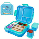 Bento Lunch Box for Kids with Ocean Pattern, 4 Compartments + 2 Containers, Waterproof