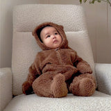 Winter romper for infants, brown with hood and ears