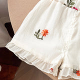 Two-Piece Set for Girls 80-122, Embroidered Blouse and Floral Shorts, White Bohemian Set