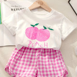 Two-Piece Set for Girls 74-116, Fruit Print T-Shirt and Checked Shorts