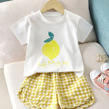 Two-Piece Set for Girls 74-116, Fruit Print T-Shirt and Checked Shorts