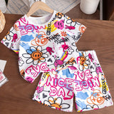 Two-piece set for girls aged 1-8, short sleeve T-shirt and shorts, printed with hearts and happy faces