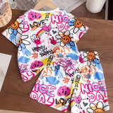 Two-piece set for girls aged 1-8, short sleeve T-shirt and shorts, printed with hearts and happy faces