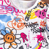 Two-piece set for girls aged 1-8, short sleeve T-shirt and shorts, printed with hearts and happy faces