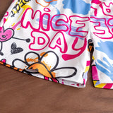 Two-piece set for girls aged 1-8, short sleeve T-shirt and shorts, printed with hearts and happy faces
