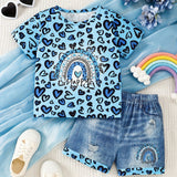 Two-Piece Set for Girls 1-8 Years, Heart Print T-Shirt and Denim Effect Shorts