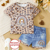 Two-Piece Set for Girls 1-8 Years, Heart Print T-Shirt and Denim Effect Shorts