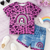 Two-Piece Set for Girls 1-8 Years, Heart Print T-Shirt and Denim Effect Shorts