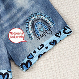 Two-Piece Set for Girls 1-8 Years, Heart Print T-Shirt and Denim Effect Shorts