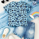 Two-Piece Set for Girls 1-8 Years, Heart Print T-Shirt and Denim Effect Shorts