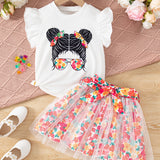 Two-Piece Set for Girls 92-122, Cartoon Print T-Shirt and Floral Tulle Skirt
