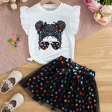 Two-Piece Set for Girls 92-122, Cartoon Print T-Shirt and Floral Tulle Skirt