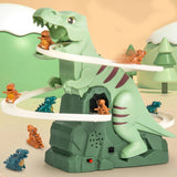 Race track with dinosaurs, cars with automatic climbing function