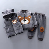Baby clothes set, jacket, vest, and pants with bear