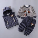 Baby clothes set, jacket, vest, and pants with bear